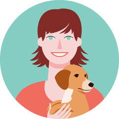 Circle vector icon with portrait of happy young woman in red shirt and little dog. Smiling girl with short hair and puppy