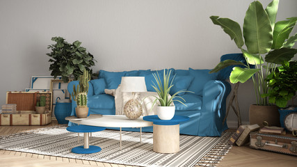 Vintage, old style living room in blue tones, Sofa, carpet, and pillows, tables with decors and potted plants, carpet, window, retro interior design concept with copy space