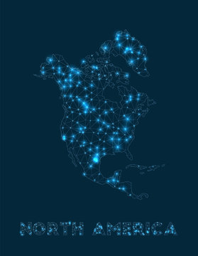 North America Network Map. Abstract Geometric Map Of The Continent. Internet Connections And Telecommunication Design. Astonishing Vector Illustration.