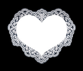 Invitation, greeting or wedding card with white lace on black background. Heart shape banner. 