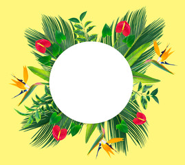 Circle shape banner with colorful  tropical leaves and flowers. Yellow background.