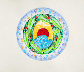 planet Earth with Sun Easter egg in center, living water, green leaves and red berries in second circle and sky with star in third circle on white background, hand drawn