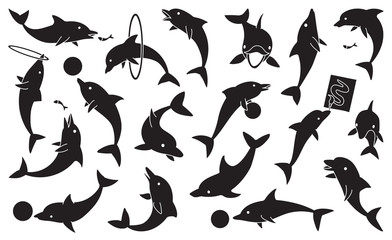 Dolphin sea animal black vector set icon.Vector illustration blue cute dolphin.Isolated black vector icon sea fish on white background.
