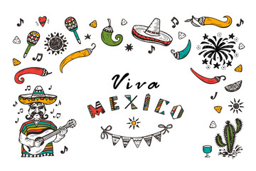 Viva Mexico Vector Greeting Card with Hand drawn doodle Mexican man with Guitar, Sombrero, Cactus, Maracas, Sun, Pepper Chili, Nachos, Firework, Bunting Flags. Mexican holiday. Cinco de Mayo