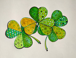 St Patrick day, three colorful yellow and green hand drawn different clovers illustration, sketch