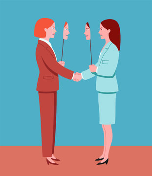 Young business women shaking hands pretend to agree while hide mutual dislike with masks. Conceptual vector illustration representing insincerity in workplace