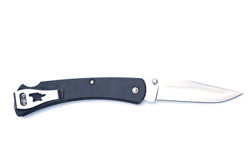 Folding pocket knife with a clip for carrying.