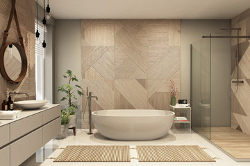 Modern bathroom interior with wooden decor in eco style © Julia Vadi