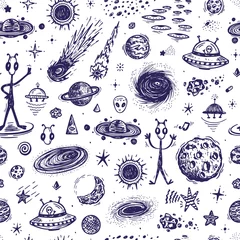 Sierkussen Cartoon melkweg. Vector universum. Outer Space naadloze patroon. Hand getrokken Doodle kosmische ruimte: planeten, sterren, UFO, grappige buitenaardse wezens, zwart gat, kometen. Kosmos Achtergrond © AllNikArt