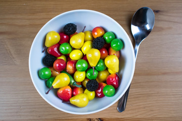 healthy bowl with fruits and vegetables on table home spoon closeup happy enegry life breakfast
