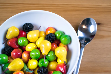 healthy bowl with fruits and vegetables on table home spoon closeup happy enegry life breakfast