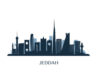 Jeddah skyline, monochrome silhouette. Vector illustration.