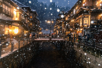 Ancient Ginzan onsen village in winter, travel landmark in Japan.