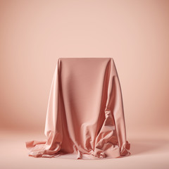 Presentation podium with pink silk cloth on a pink background. 3d illustration
