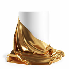 Round podium covered with golden cloth. Isolated with clipping path.