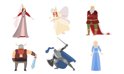 Fairies, vikings and knights in special traditional costumes vector illustration