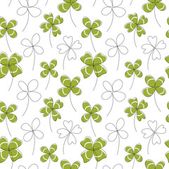 Seamless pattern with continuous line clovers. Vector line art. Happy St. Patrick's Day. Perfect for card, invitation, poster, print, wrapping paper, packaging design