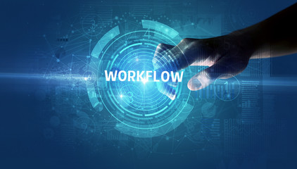 Hand touching WORKFLOW button, modern business technology concept