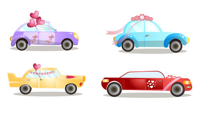 Decorated wedding procession cars with balloons and flowers vector illustration