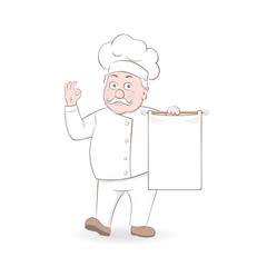 Vector illustration smiling handsome cook man points to white banner for your text. Flyer, web banner design template.