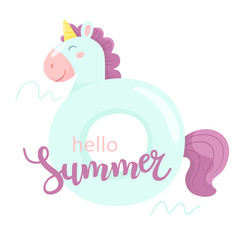 Inflatable circle unicorn with calligraphic text. Hello Summer, calligraphy. Vector illustration in cartoon flat style.