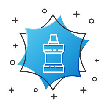 recommend clip art: White line Mouthwash plastic bottle icon isolated on white background. Liquid for rinsing mouth. Oralcare equipment. Blue hexagon button. Vector Illustration