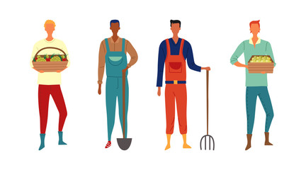 Concept Of Farm And Harvest. Multiethnic Team of Male Farmers Workers. Set Of Farmer People With Harvest And Work Tools Isolated On the White Background. Cartoon Flat style. Vector illustration
