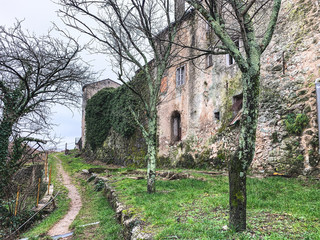 Obraz premium Green pathway near by the old wall of medieval town 