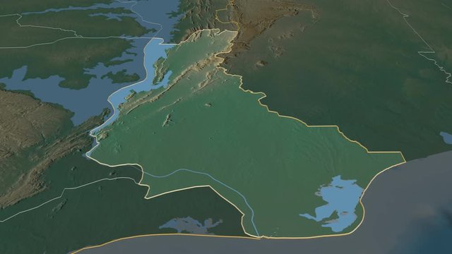 Volta, region with its capital, zoomed and extruded on the relief map of Ghana in the conformal Stereographic projection. Animation 3D