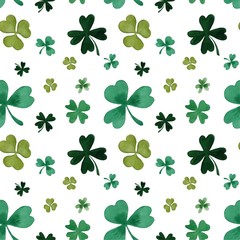 Clover leaves watercolor pattern. Aquarelle trefoils and four leaf clovers. St Patrick day decorative background. Seamless pattern for wrapping paper, textile design, template for cards, greetings.