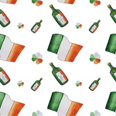Watercolor Seamless pattern with bottle of ale, clover shamrock and flag of Ireland isolated on white background. Perfect for holiday invitations, greeting cards, wallpaper and gift paper. 