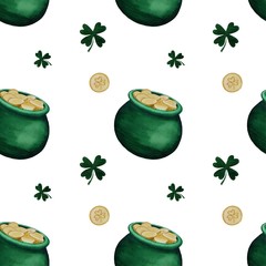 Watercolor Saint Patrick's Day pattern. Set of watercolor elements: green pot of gold, coin, clover isolated on white background. Hand drawn illustration.