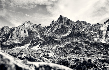 Black and white alpine mountain landscape in France.