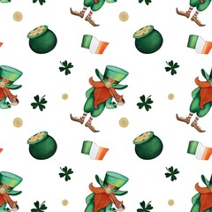 Watercolor Saint Patrick's Day pattern. Set of watercolor elements: leprechaun, green pot of gold, coin, clover, flag of Ireland isolated on white background. Hand drawn illustration.