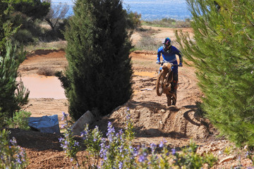 Zoom photo of dirt track competition motocross rider performing stunt in the air