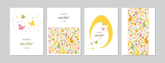 Easter cards set with hand drawn rabbits, eggs, butterflies, flowers and dots. Doodles and sketches vector vintage illustrations, DIN A6