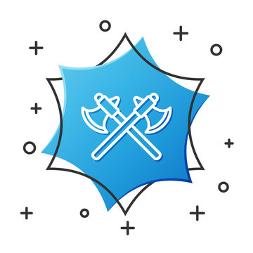 recommend clip art: White line Crossed medieval axes icon isolated on white background. Battle axe, executioner axe. Blue hexagon button. Vector Illustration