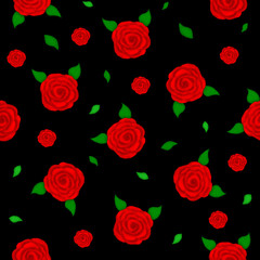 Seamless pattern of red rose buds on a black background. Print for fabric, wallpaper, paper.