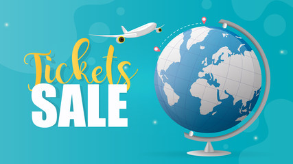 Tickets sale. Blue banner. The plane flies from point a to point b. Blue globe. Good for air ticket sales. 