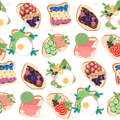 Seamless pattern of healthy toast with bread cheese, vegetables, egg, avocado, seafood, berries and nuts snack for idea for breakfast. Editable vector illustration.