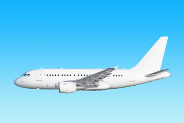 Fototapeta premium white airplane side view isolated on blue sky background. Passenger jet plane with gear extended. Commercial aircraft paint scheme. Luxury business jet flying in air. Aviation design reference photo