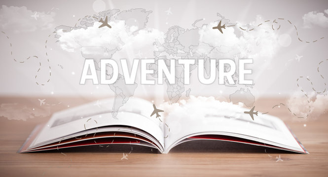 Open book with ADVENTURE inscription, vacation concept