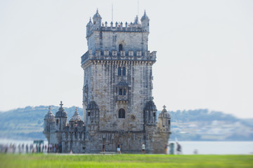 Fototapeta na wymiar View of Belem district, civil parish of the municipality of Lisbon, Portugal, with Belem Tower, Torre de Belem in Portuguese, a prominent example of the Portuguese Manueline style