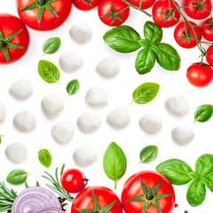 Food  Pattern with vegetables, cheese,  basil leaf, rosemary and tomatoes  isolated  on white background.Creative layout. Flat lay. Top view