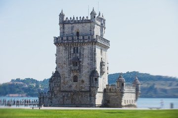 Fototapeta na wymiar View of Belem district, civil parish of the municipality of Lisbon, Portugal, with Belem Tower, Torre de Belem in Portuguese, a prominent example of the Portuguese Manueline style