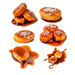 Toffee caramel candy isolated collection.  Caramel with sauce on white background close-up