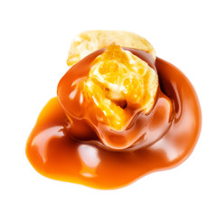 Popcorn  candy isolated with caramel sauce isolated on white background macro, top view
