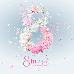 Floral vector greeting card for 8 March in watercolor style with lettering design.
