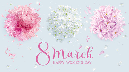 Floral vector greeting card for 8 March in watercolor style with lettering design - 323509125
