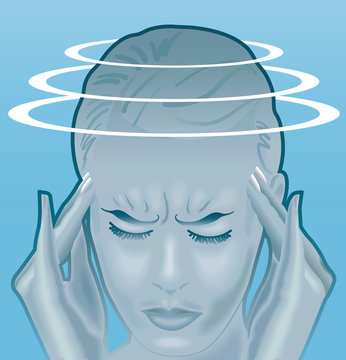 Symbolic illustration of a young woman with the symptoms of labyrinthitis, a problem deep inside the inner ear, that may cause sudden vertigo.